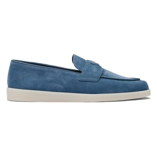Side view of Prada Men's Blue Suede Loafers Soft Slip On Shoes showing blue suede upper and light sole
