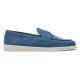Side view of Prada Men's Blue Suede Loafers Soft Slip On Shoes showing blue suede upper and light sole