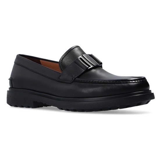 Side profile view of Ferragamo Men's Black Leather Chunky Sole Loafers showing the thick rubber outsole and metallic buckle detail.