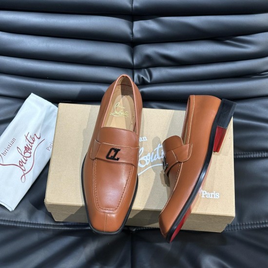 Christian Louboutin Men's Varsimoc Leather Loafers Brown pair display with red sole detail