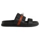 Side Profile View of Hermes Jackson Sandals in Black and Brown Side profile of Hermes Jackson Sandals in black and brown showing the textured strap and metallic buckle