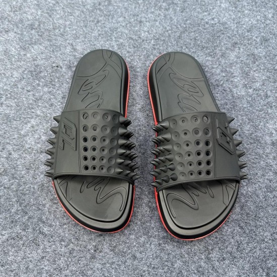 Christian Louboutin Take It Easy Black Slides Top View in black and red Christian Louboutin Take It Easy Black Slides top down perspective in black and red