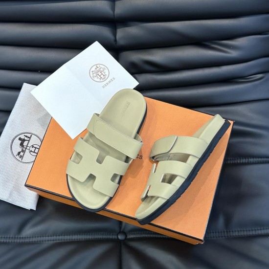Hermes Chypre beige leather sandals on branded orange box