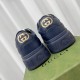 Gucci Dark Blue Trainers Heel Detail Rear view showing gold GG emblems on heel tabs and embossed sole logo in dark blue