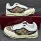 Gucci Re-Web GG Canvas Trainers In Beige Ebony Pair with Box in beige and white Pair of beige ebony Gucci Re-Web GG Canvas Trainers displayed with red shoe box in background in beige and white