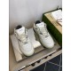Gucci Distressed Leather Trainers Top-Down View in white and grey Top-down view of Gucci distressed leather trainers showing laces and padded collar in white and grey