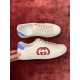Gucci Ace Interlocking G Pair Side View in off-white and red Side profile of off-white Gucci Ace Interlocking G leather trainers with red logo and blue heel tab