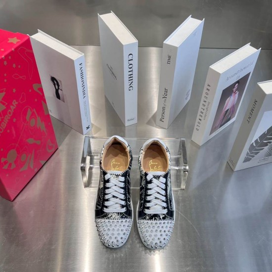Christian Louboutin Printed Trainers Overhead View in black and white Top-down view of Christian Louboutin printed trainers showing white laces and insoles in black and white