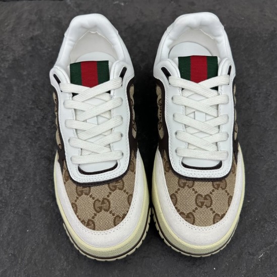 Gucci Re-Web GG Canvas Trainers Top View in beige and white Top-down toe-to-tongue view of Gucci Re-Web GG Canvas Trainers featuring white laces and web stripes in beige and white