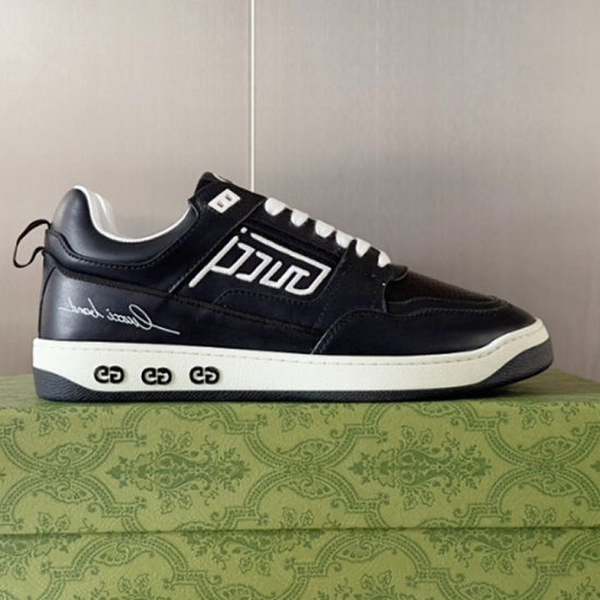 Gucci Black Leather Low Top Trainers With White Laces profile view
