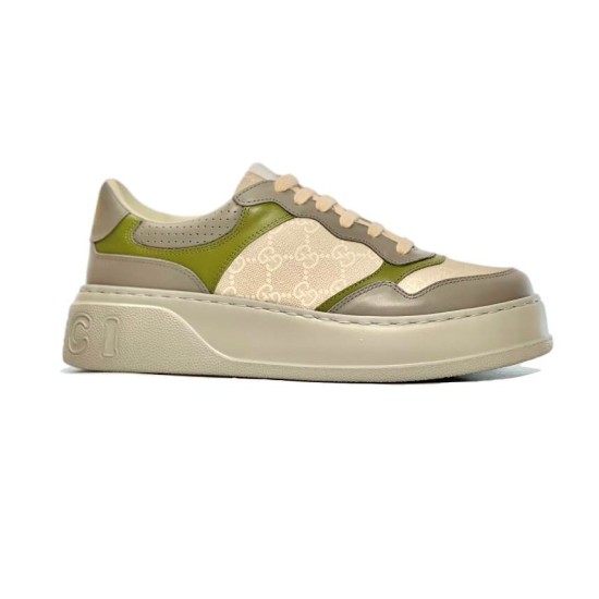 Gucci Monogram Low Top Trainer Side View in beige and white Side profile of Gucci monogram low top trainer in beige and white leather with olive green trim