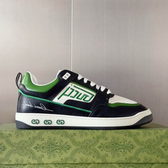 Gucci Screener Leather Trainers Green Black White side profile view