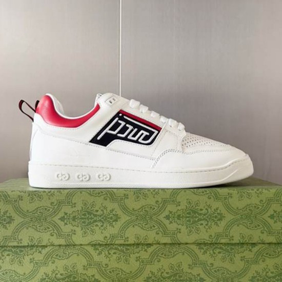 Gucci White Leather Low-Top Trainers With Red Trim side profile view