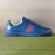 Gucci Ace Blue Leather Trainer Side View in blue and green Side profile of Gucci Ace blue leather low top trainer featuring side web stripe and green heel tab