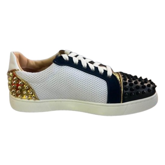 Christian Louboutin Low Top Mesh Spiked Trainers Side View in black and white Christian Louboutin Low Top Mesh Spiked Trainers in black, white, and gold side profile