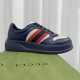 Gucci Dark Blue Leather Trainers Side View Side profile view of Gucci dark blue leather trainers with web pattern and chunky sole