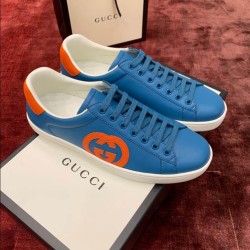 Gucci Ace Blue Leather Trainers With Orange Interlocking Logo