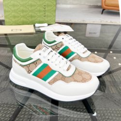 Gucci White Leather Beige Canvas Web Stripe Trainers