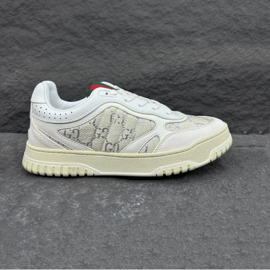 Gucci Monogram Canvas And Leather Low Top Trainers White profile view
