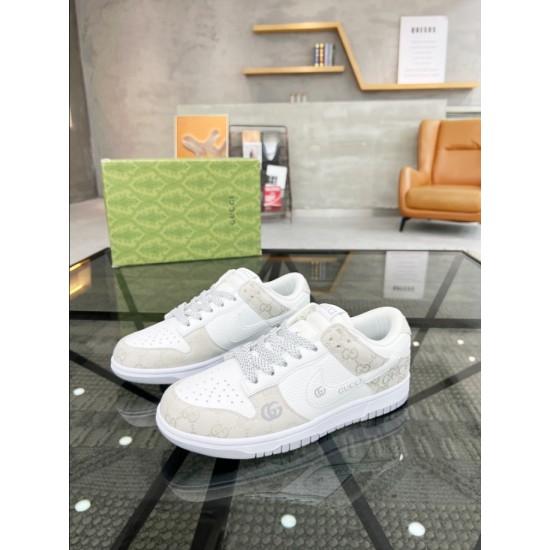 Gucci Monogram Panel White And Beige Leather Low Top Trainers Side Perspective Gucci Monogram Panel White And Beige Leather Low Top Trainers side perspective