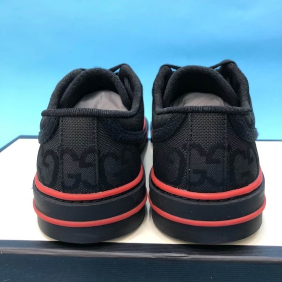 Gucci Off The Grid Black Low Top Trainers Heel View in black and red Rear view of both black Gucci low top trainers showcasing heel construction in black and red
