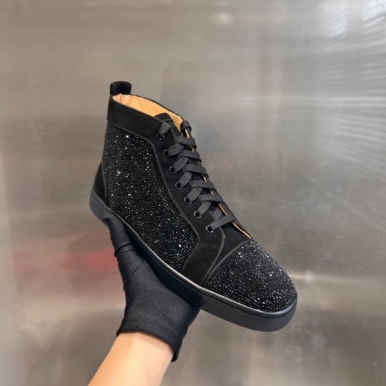 Christian Louboutin Black Crystal High Top Trainer Held View Hand holding Christian Louboutin black crystal trainer showing full side angle