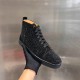 Christian Louboutin Black Crystal High Top Trainer Held View Hand holding Christian Louboutin black crystal trainer showing full side angle