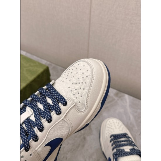 Gucci Low Top Leather Trainers In White And Blue Toe Cap Detail Close-up of perforated toe cap on Gucci Low Top Leather Trainers In White And Blue