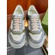 Gucci Monogram Low Top Front View in beige and white Front view showing the toe box and beige laces of Gucci monogram trainers in white and grey leather