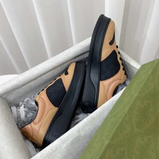 Gucci Monogram Leather Chunky Sole Trainers Black Brown Box View Pair of Gucci Monogram Leather Chunky Sole Trainers in black and brown arranged in presentation box