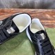 Close-up detail of Gucci black leather trainer tongue and padded white collar