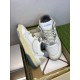 Gucci Distressed Trainers Packaging View in white and grey Gucci white and grey leather trainers inside presentation box with accessories