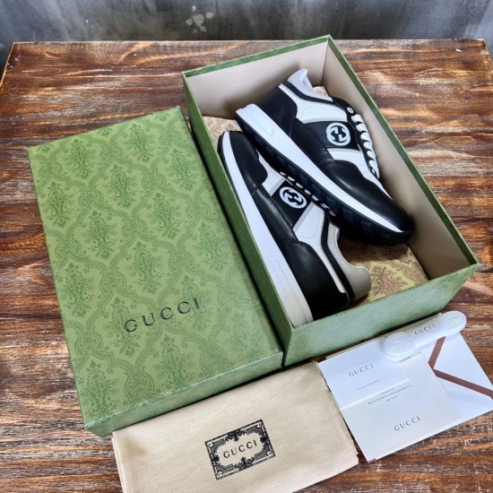 Gucci Leather Low Top Trainers Black White inside open shoe box