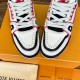 L Trainer Low Top Leather White Red Black Sneakers Toe Box Detail L trainer low top leather white red black sneakers toe box perforation detail