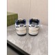 Gucci Low Top Leather Trainers In White And Blue Rear View Rear heel view of Gucci Low Top Leather Trainers In White And Blue showing brand lettering