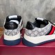 Gucci Screener Web Trainers Heel View in beige and blue Heel view of Gucci Screener Web Monogram Canvas Low Top Trainers showing brand logos in beige and blue