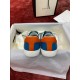 Blue Leather Trainers Heel View in blue and orange Rear view showing orange heel tabs with brand lettering on blue leather trainers