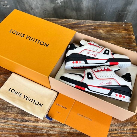 L Trainer Low Top Leather White Red Black Sneakers Box Presentation L trainer low top leather white red black sneakers packaged inside branded box