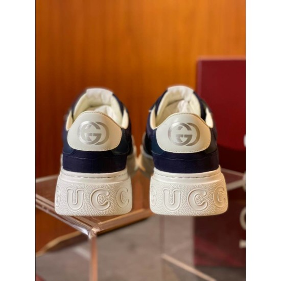 Gucci Lace-Up Dark Navy Blue And White Trainers Heel View Rear view showing heel tab logos on Gucci Lace-Up Dark Navy Blue And White Trainers