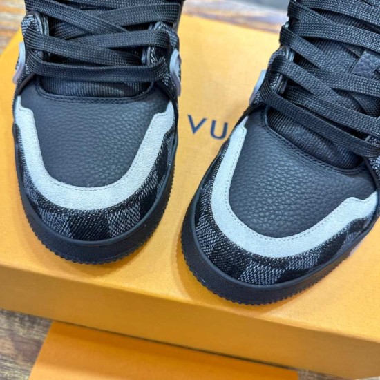 Close-up of black textured toe caps and denim panels on L Trainer Damier Denim Black Low Top Sneakers in black and grey