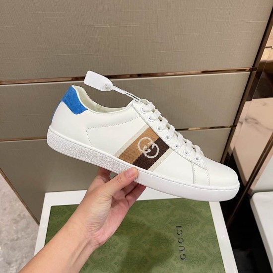 Gucci Ace Leather Low Top Trainers White Blue full side profile view