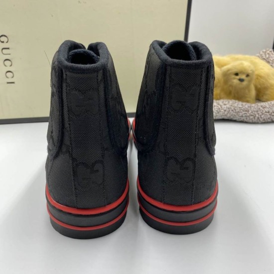Gucci Off The Grid High Top Black Trainers Rear View in black and red Rear view of Gucci Off The Grid high top black canvas trainers showing heel construction in black and red