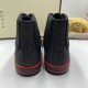 Gucci Off The Grid High Top Black Trainers Rear View in black and red Rear view of Gucci Off The Grid high top black canvas trainers showing heel construction in black and red