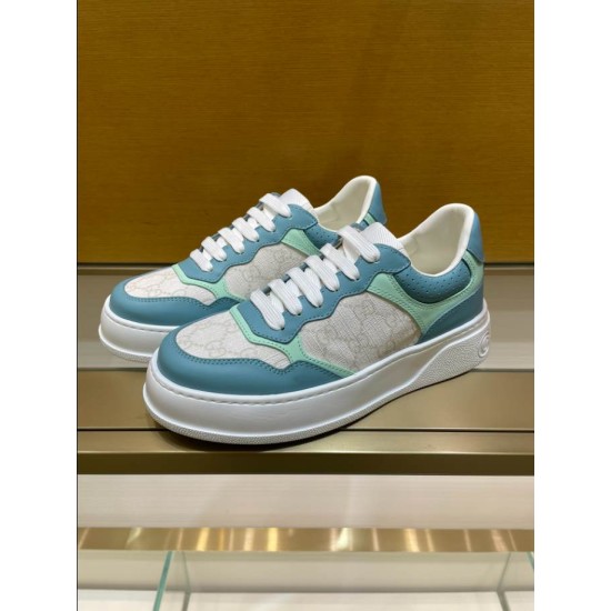 Gucci Monogram Canvas Trainers Pair View in blue and white Pair of Gucci blue and white leather monogram trainers displayed at a three-quarter angle