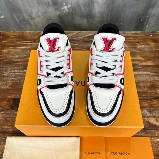 L Trainer Low Top Leather White Red Black Sneakers Front View L trainer low top leather white red black sneakers front upper tongue view