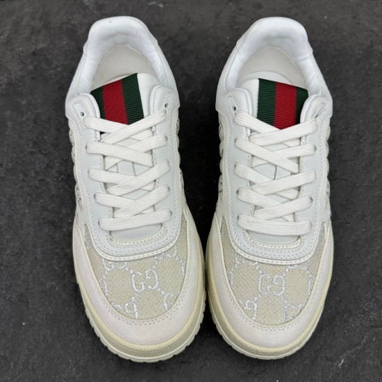 Gucci Monogram Canvas And Leather Low Top Trainers White front toe view