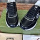Top-down view of Gucci black leather trainers showing black laces and white stitching