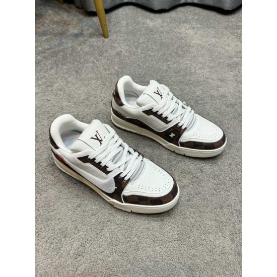 L Trainer Damier Leather White Brown Low Top Trainers Dynamic Pair View Overhead angled view of both L Trainer Damier leather white brown low top trainers showcasing side panel construction