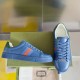 Gucci Ace Blue Trainers with Packaging in blue and green Gucci Ace blue trainers resting with box and dust bag detailing lateral and top features in blue and green