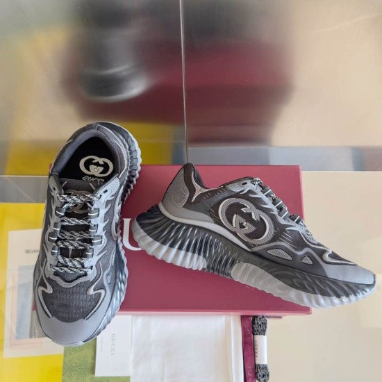 Gucci Ripple Low Top Trainers Black Grey Fabric side and top visual arrangement